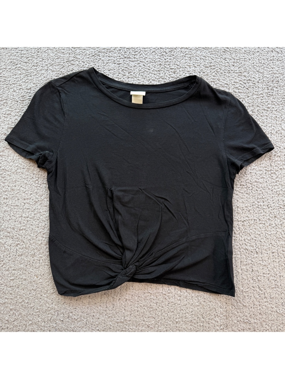 H&M Black Front Knot Crop T-Shirt Women’s XS Baby Tee Short Sleeve 100% Cotton